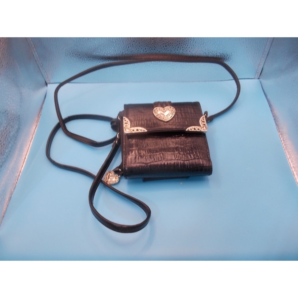 Black Croc Embossed Leather Heart Crossbody Wallet Bag Western